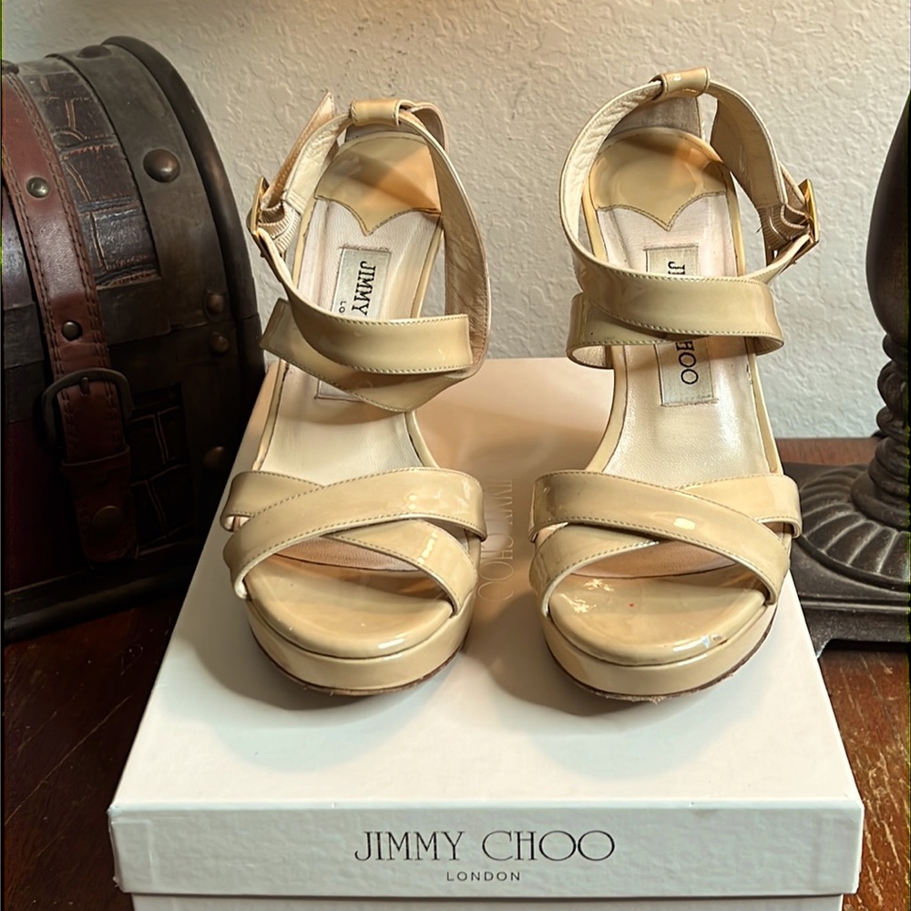 JIMMY CHOO Lucia Wedges with Box and Dust Bags | Nude | Size 37.5